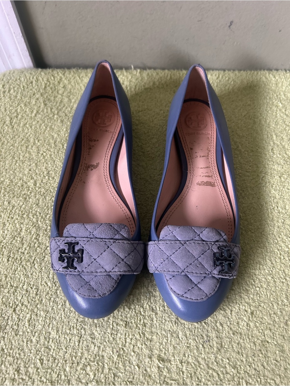 Tory Burch Blue Quilted Detail Leather Flats Loafers Sz 6
